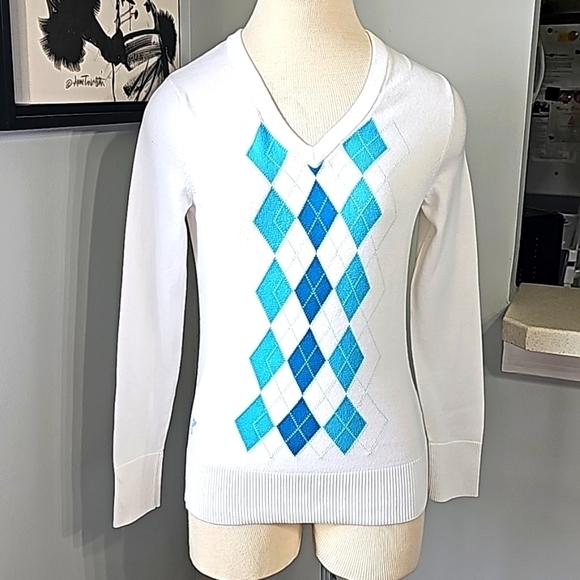 ASHWORTH WOMEN'S GOLF ARGYLE SWEATER. White, blue size small. - Picture 1 of 8